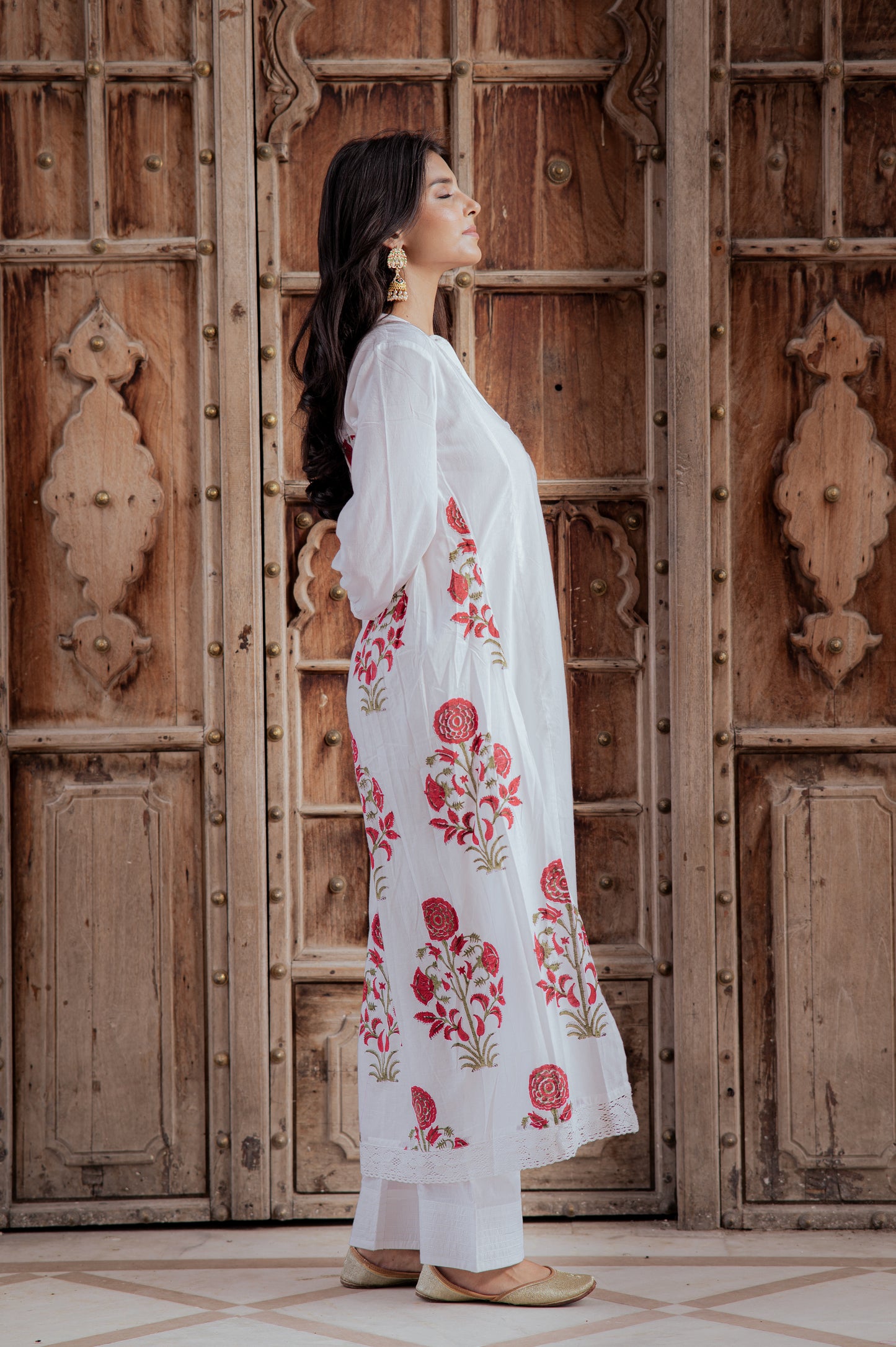 Swan White Suit Set with Mughal Block Print