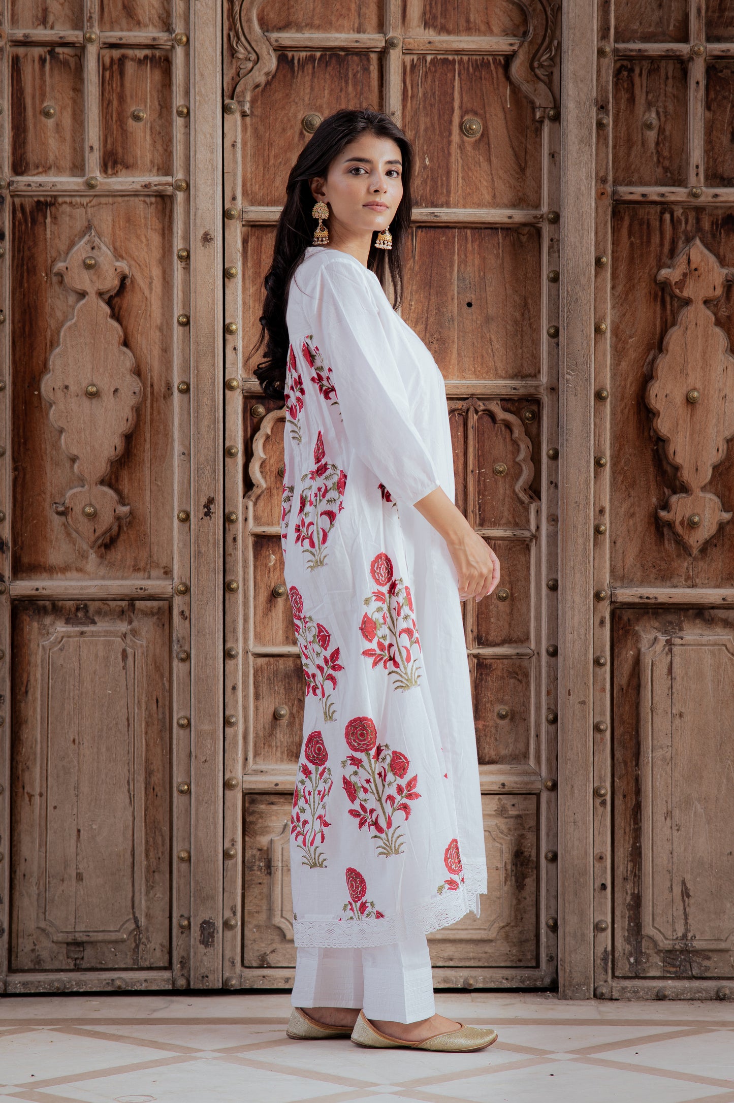 Swan White Suit Set with Mughal Block Print