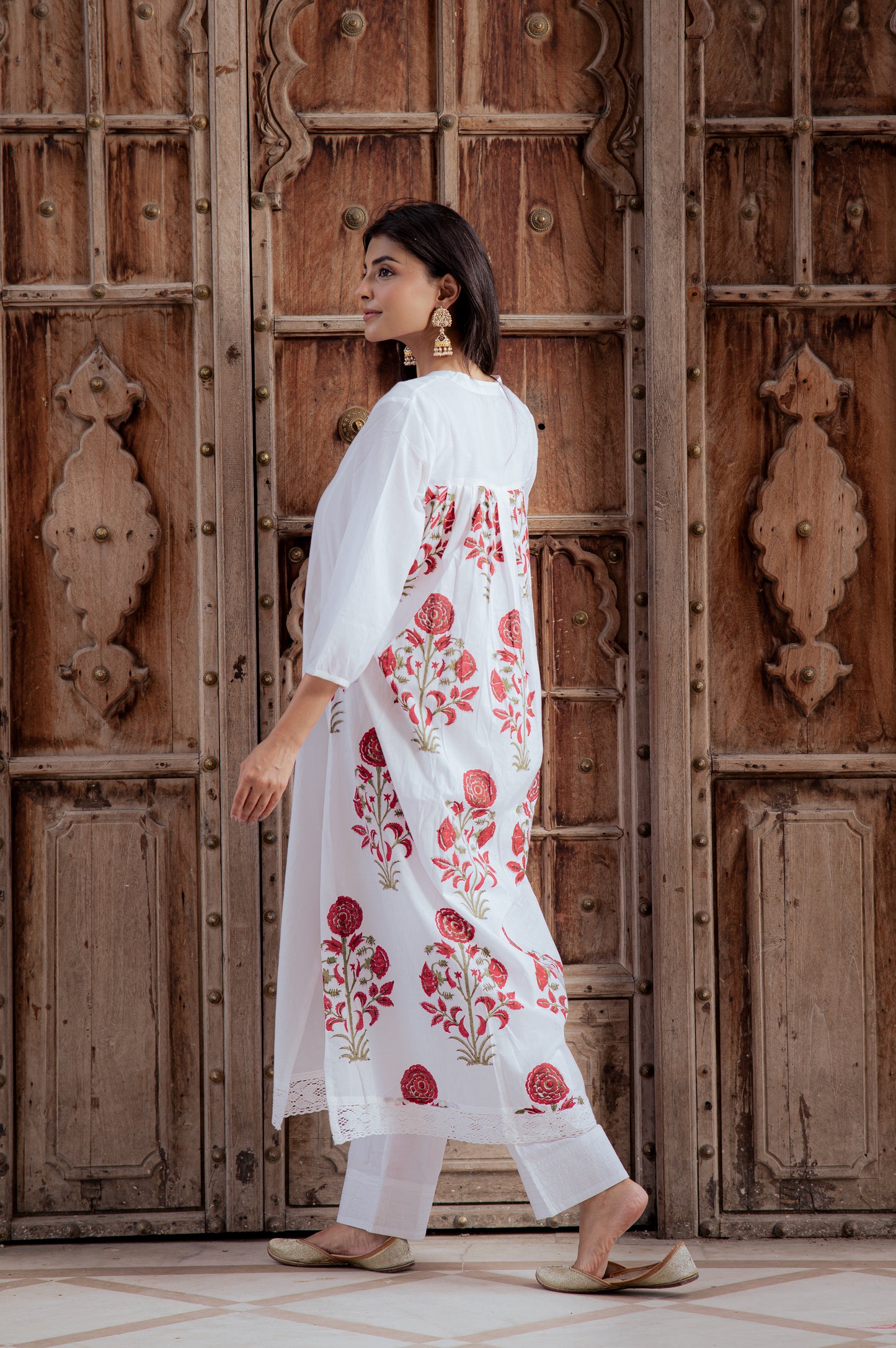 Swan White Suit Set with Mughal Block Print