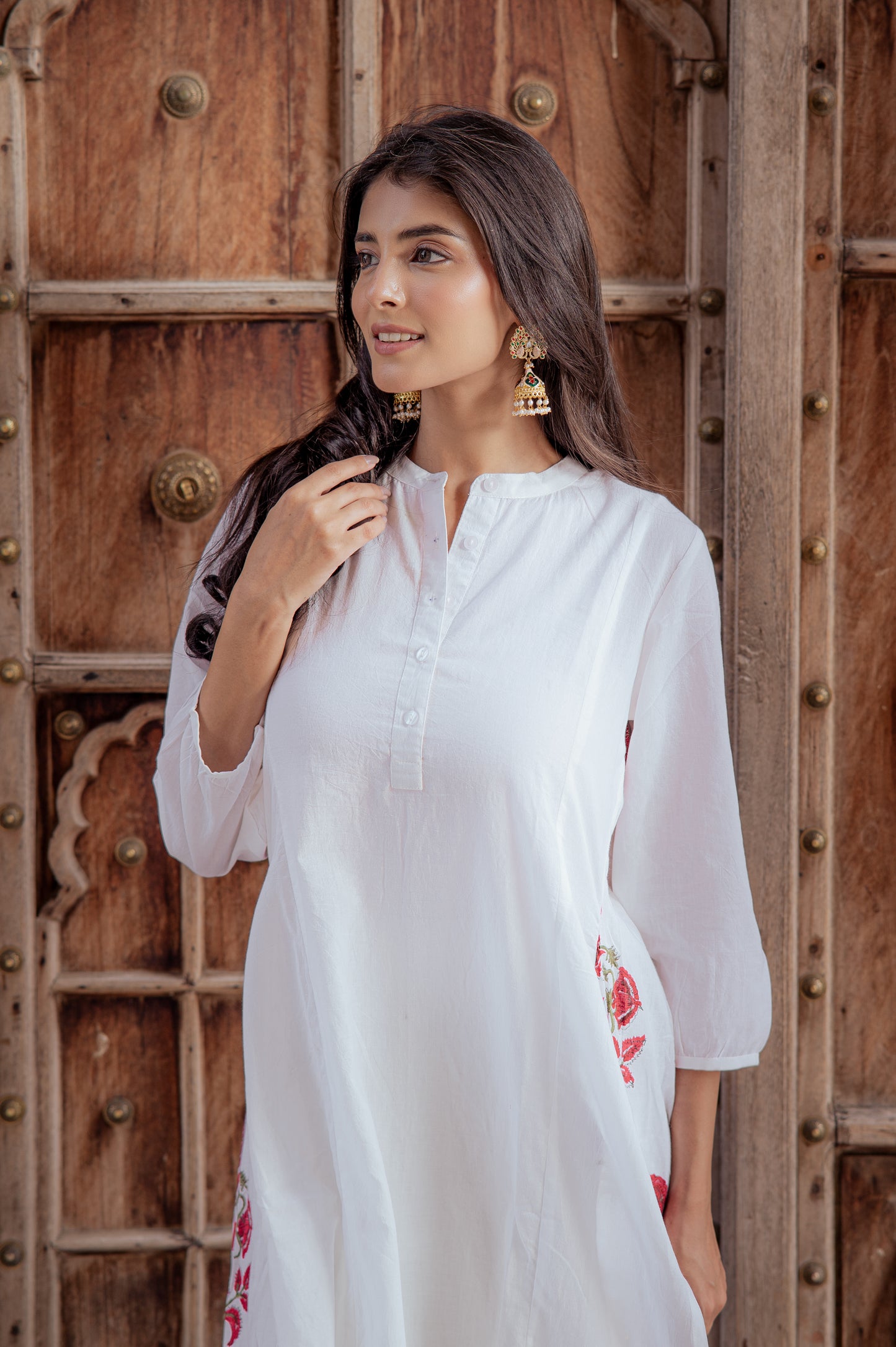 Swan White Suit Set with Mughal Block Print