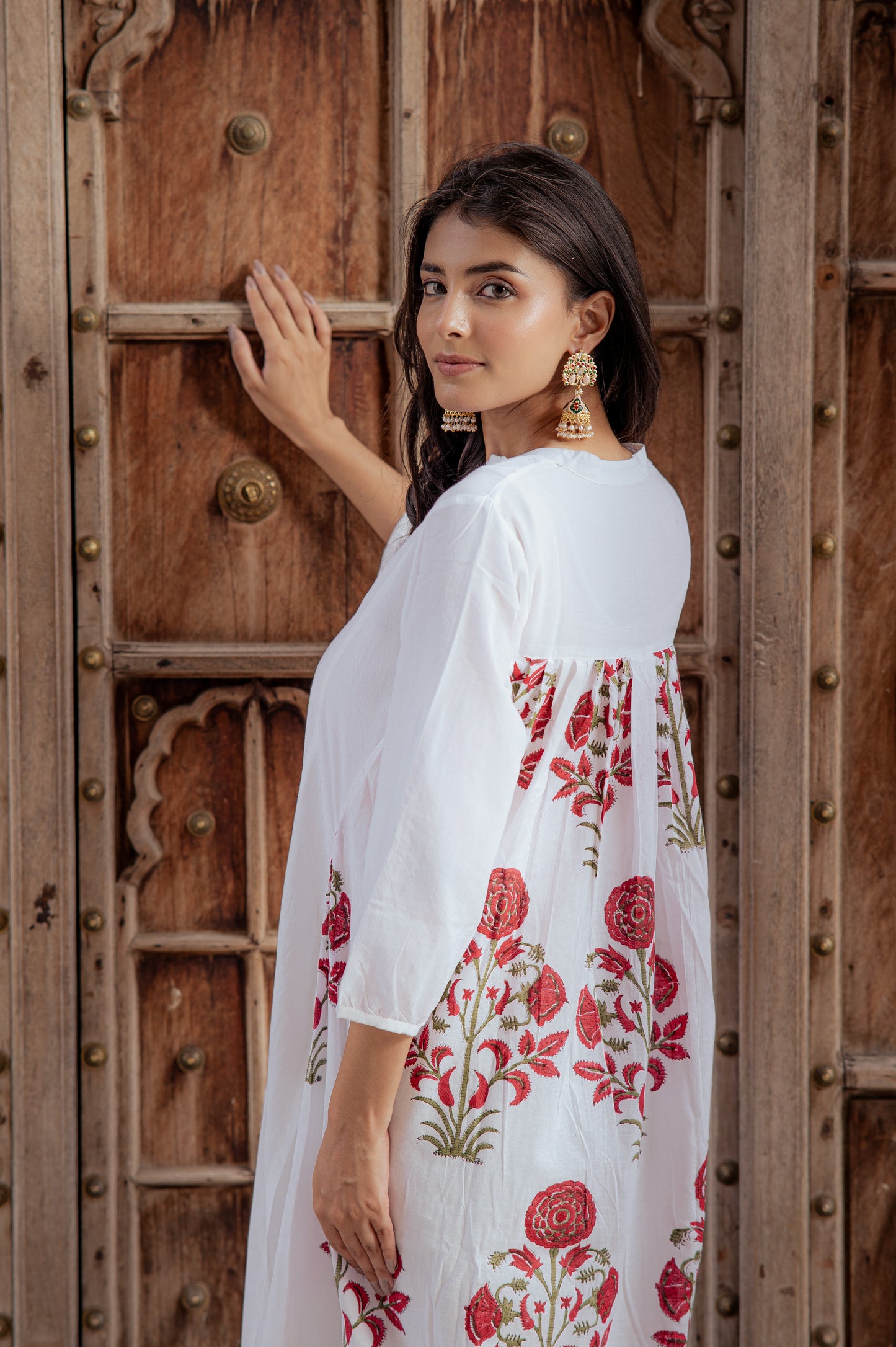 Swan White Suit Set with Mughal Block Print