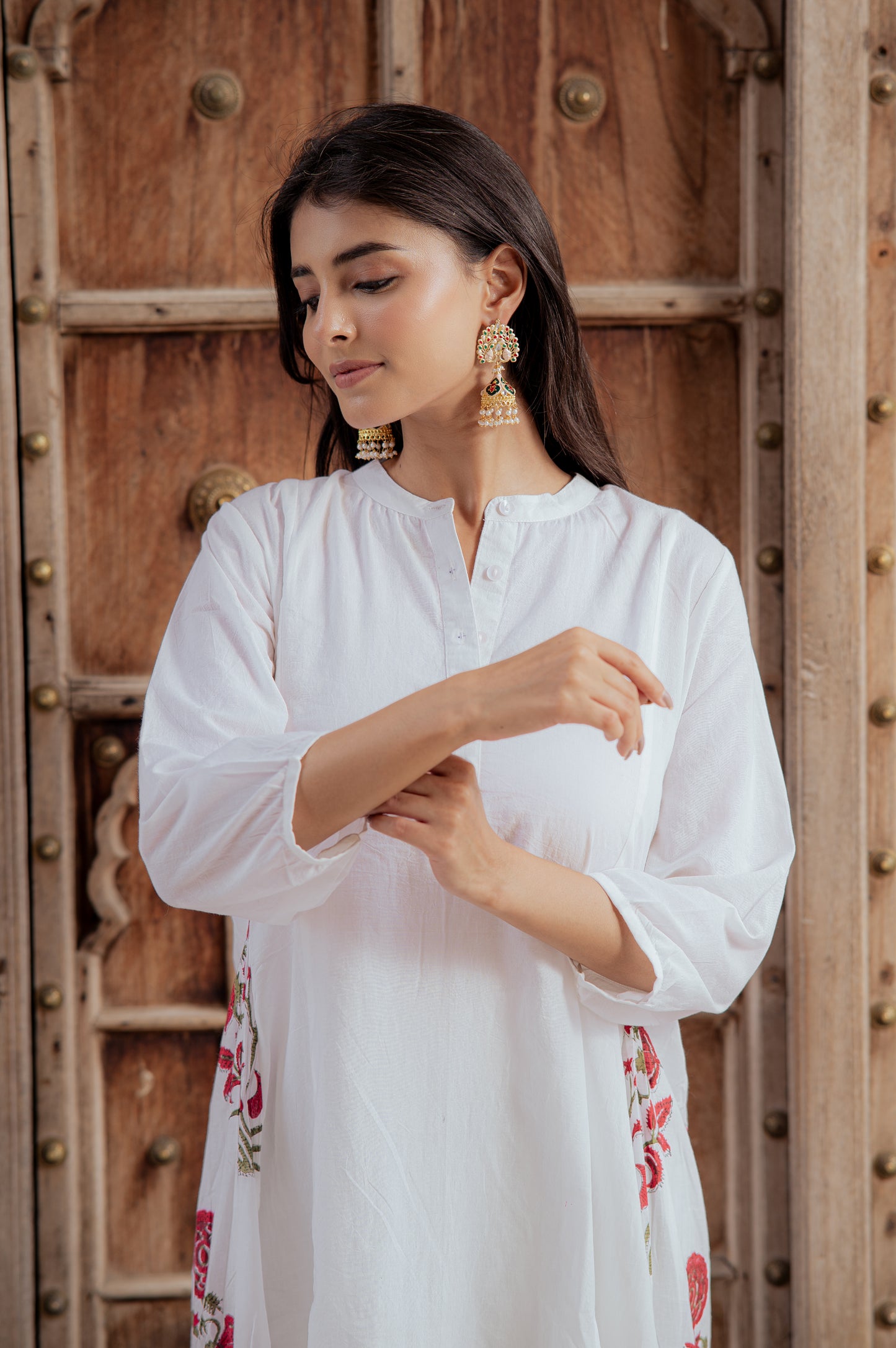 Swan White Suit Set with Mughal Block Print