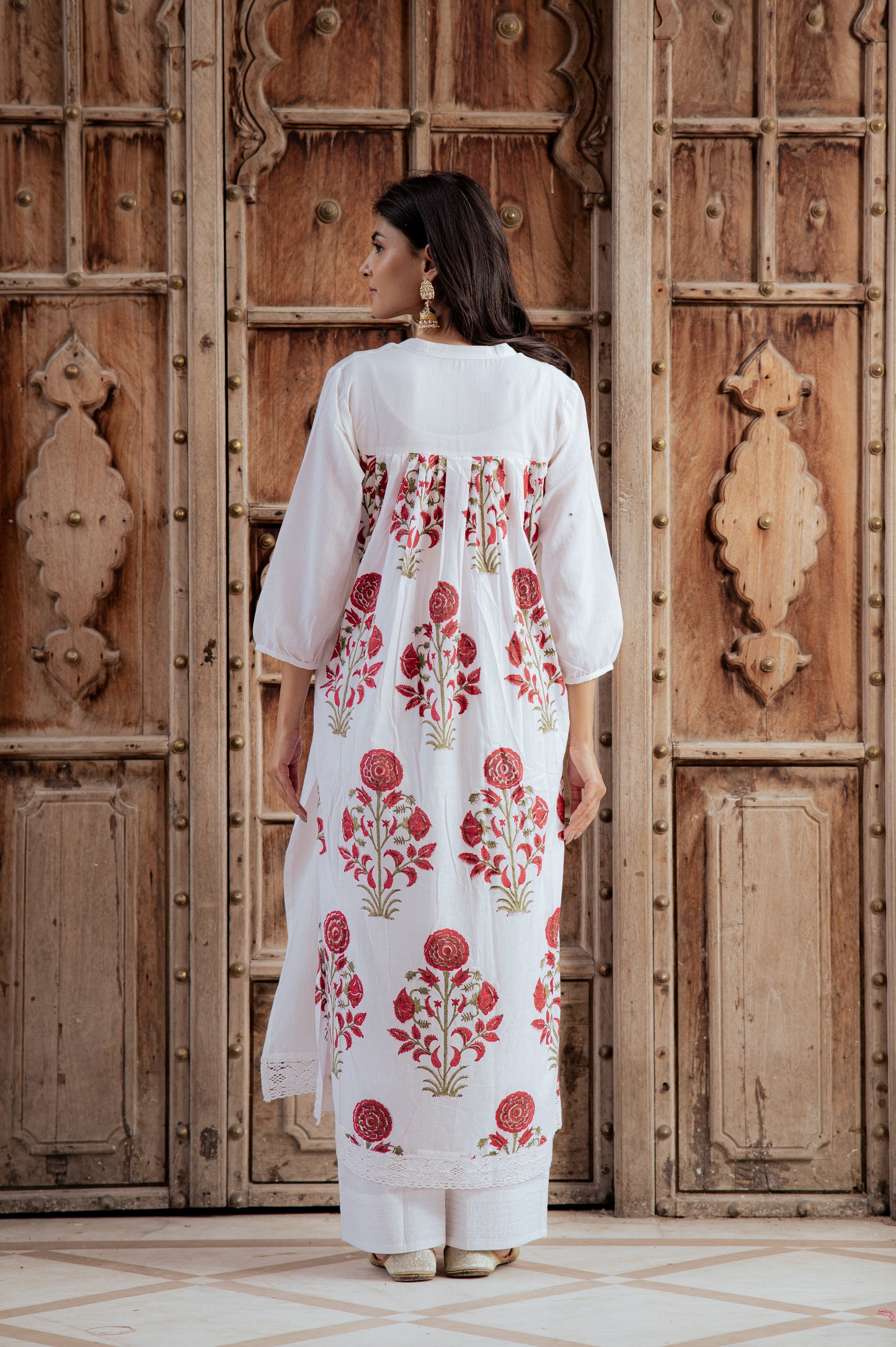 Swan White Suit Set with Mughal Block Print