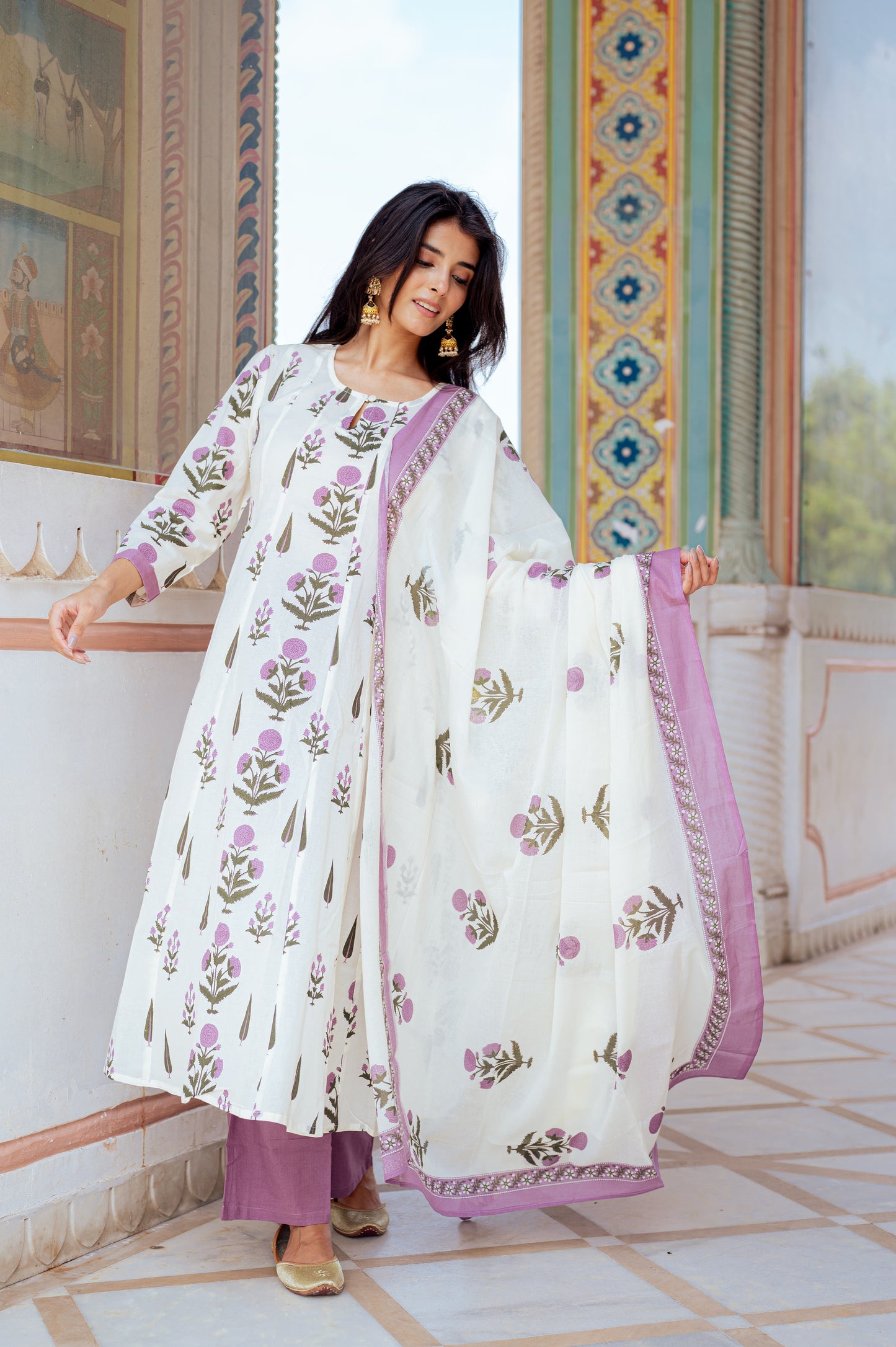 Ivory Floral Handblock Kurta Set with Lilac