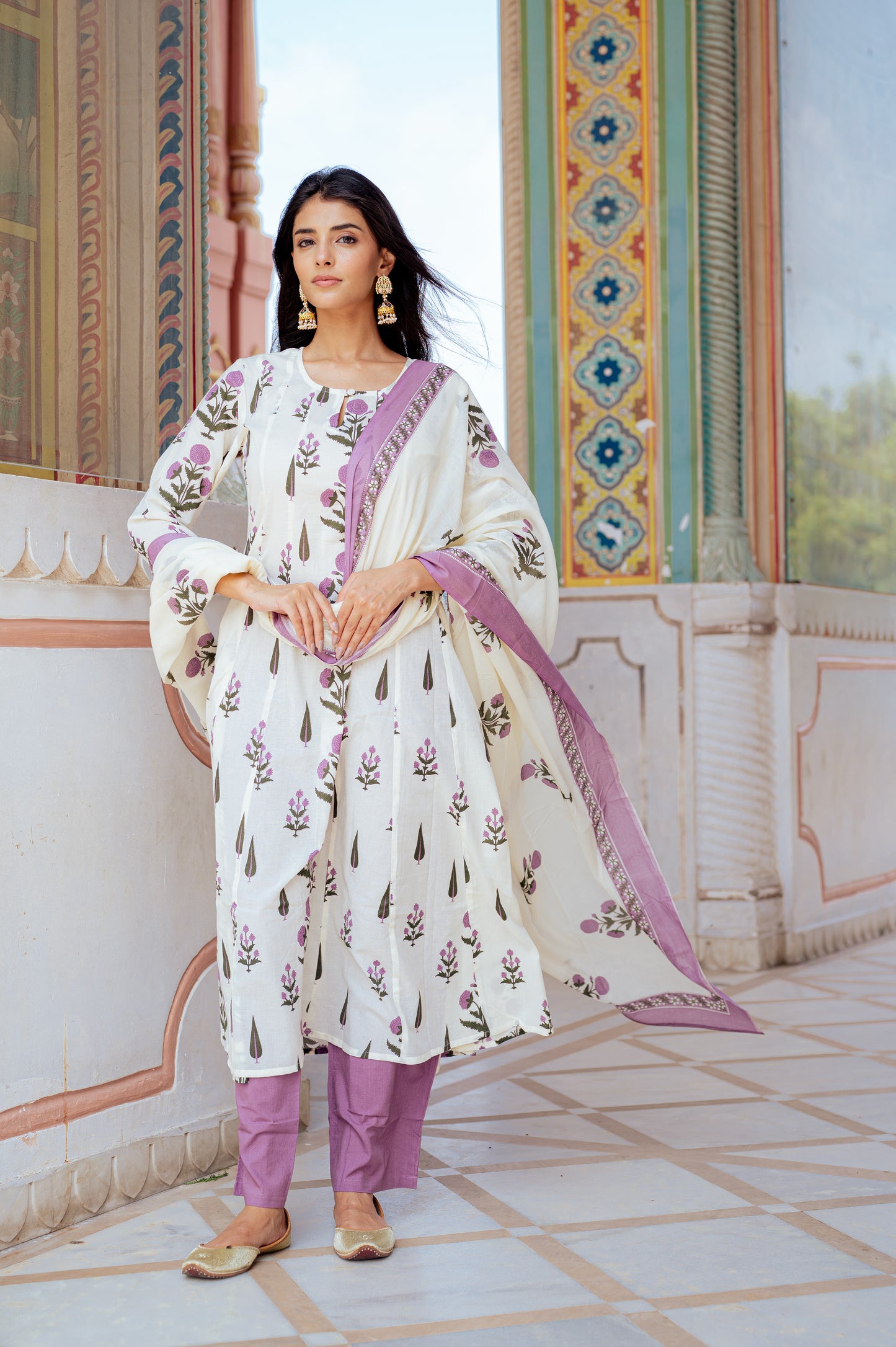 Ivory Floral Handblock Kurta Set with Lilac