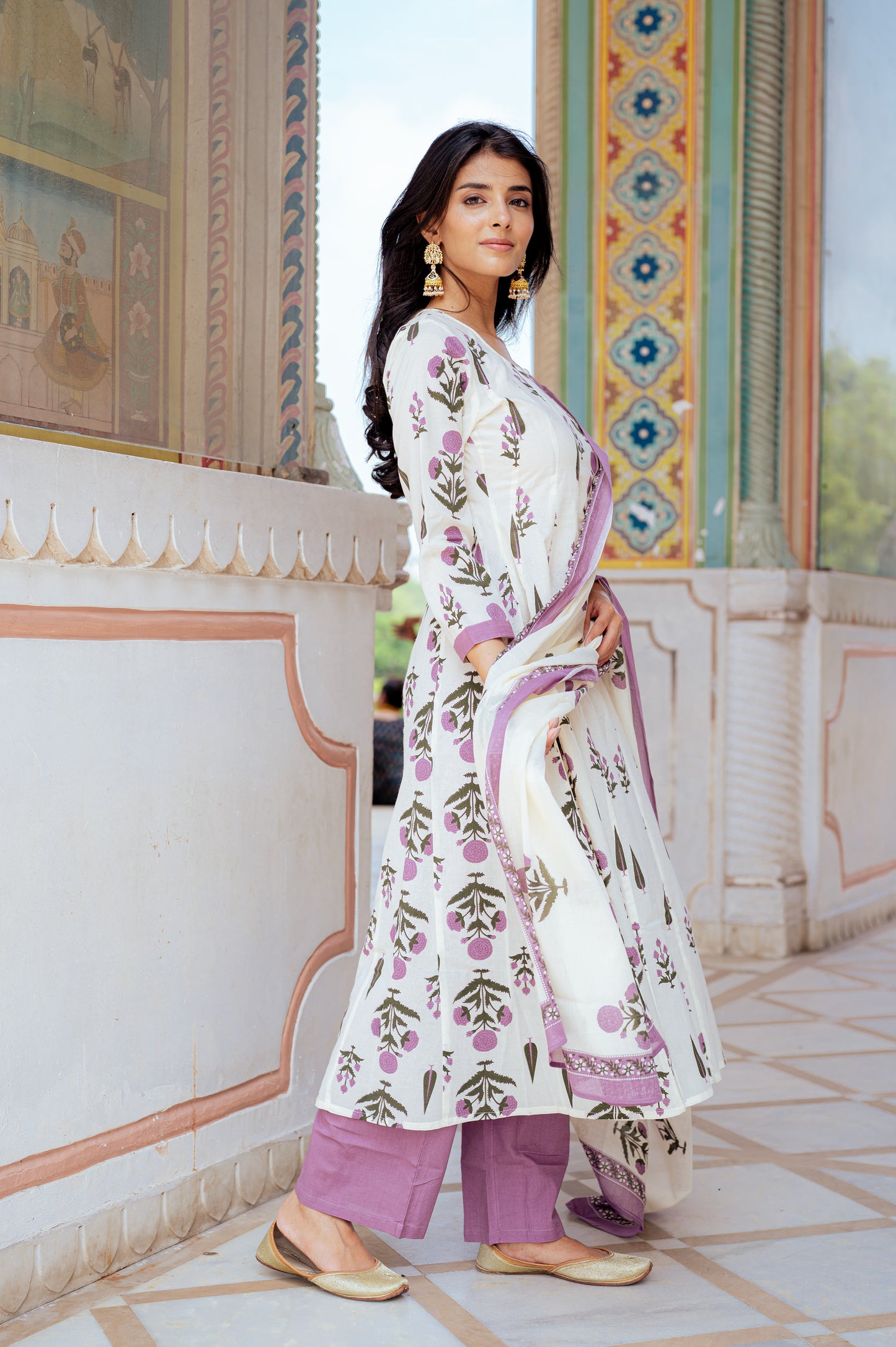 Ivory Floral Handblock Kurta Set with Lilac