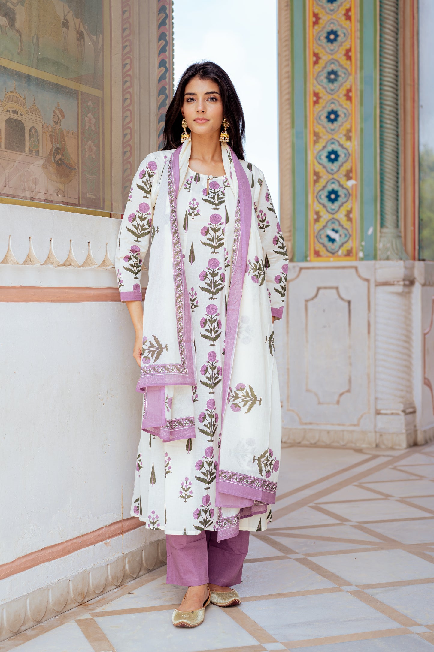 Ivory Floral Handblock Kurta Set with Lilac
