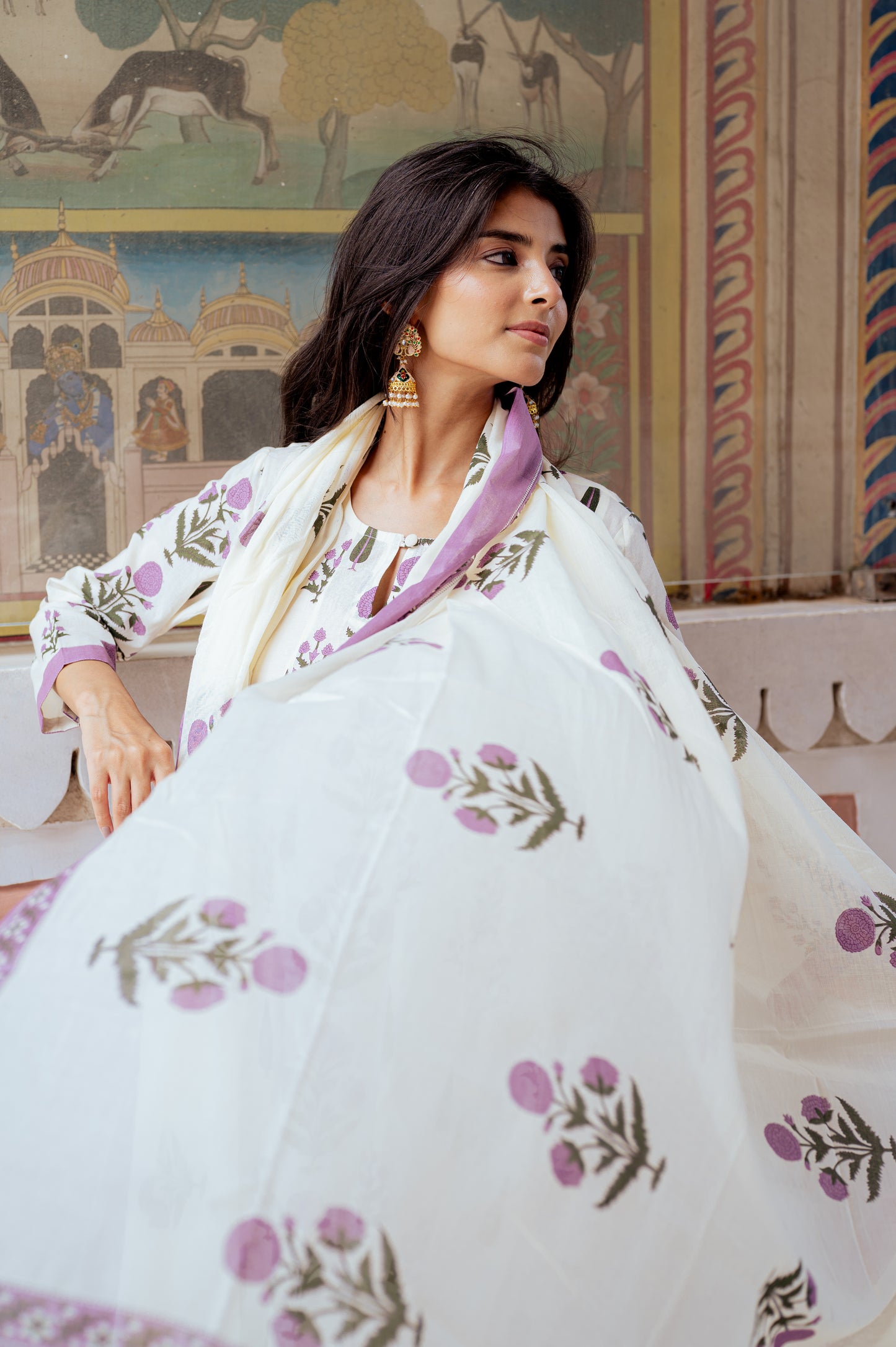 Ivory Floral Handblock Kurta Set with Lilac