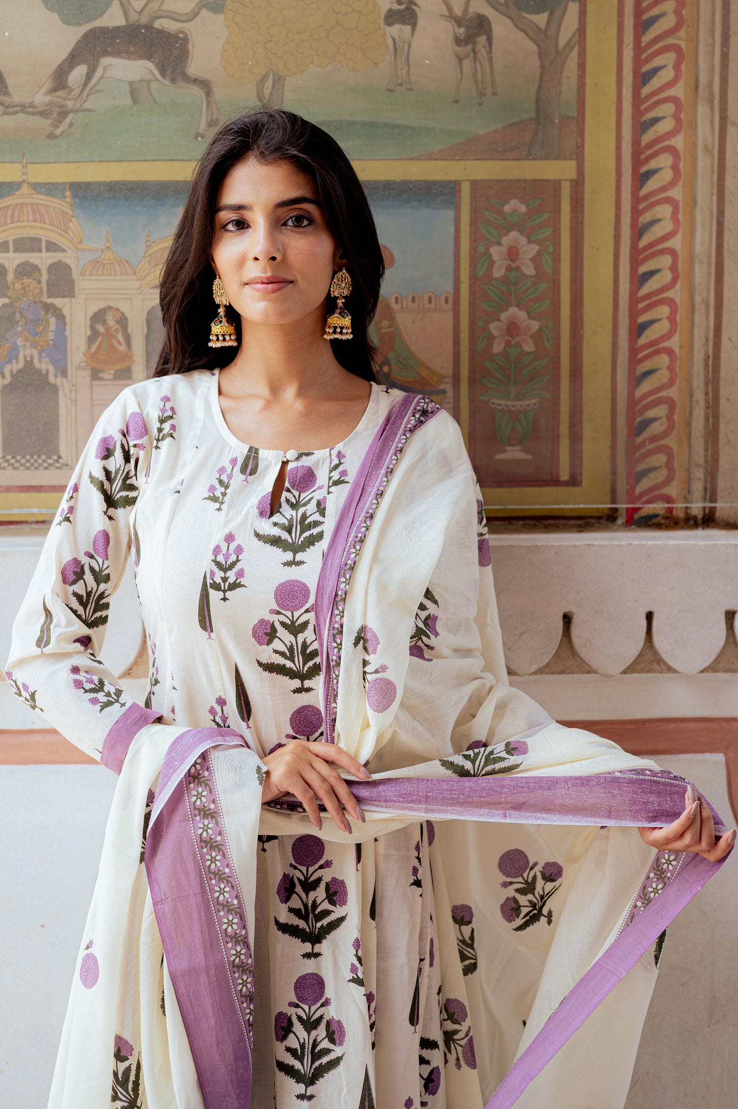 Ivory Floral Handblock Kurta Set with Lilac