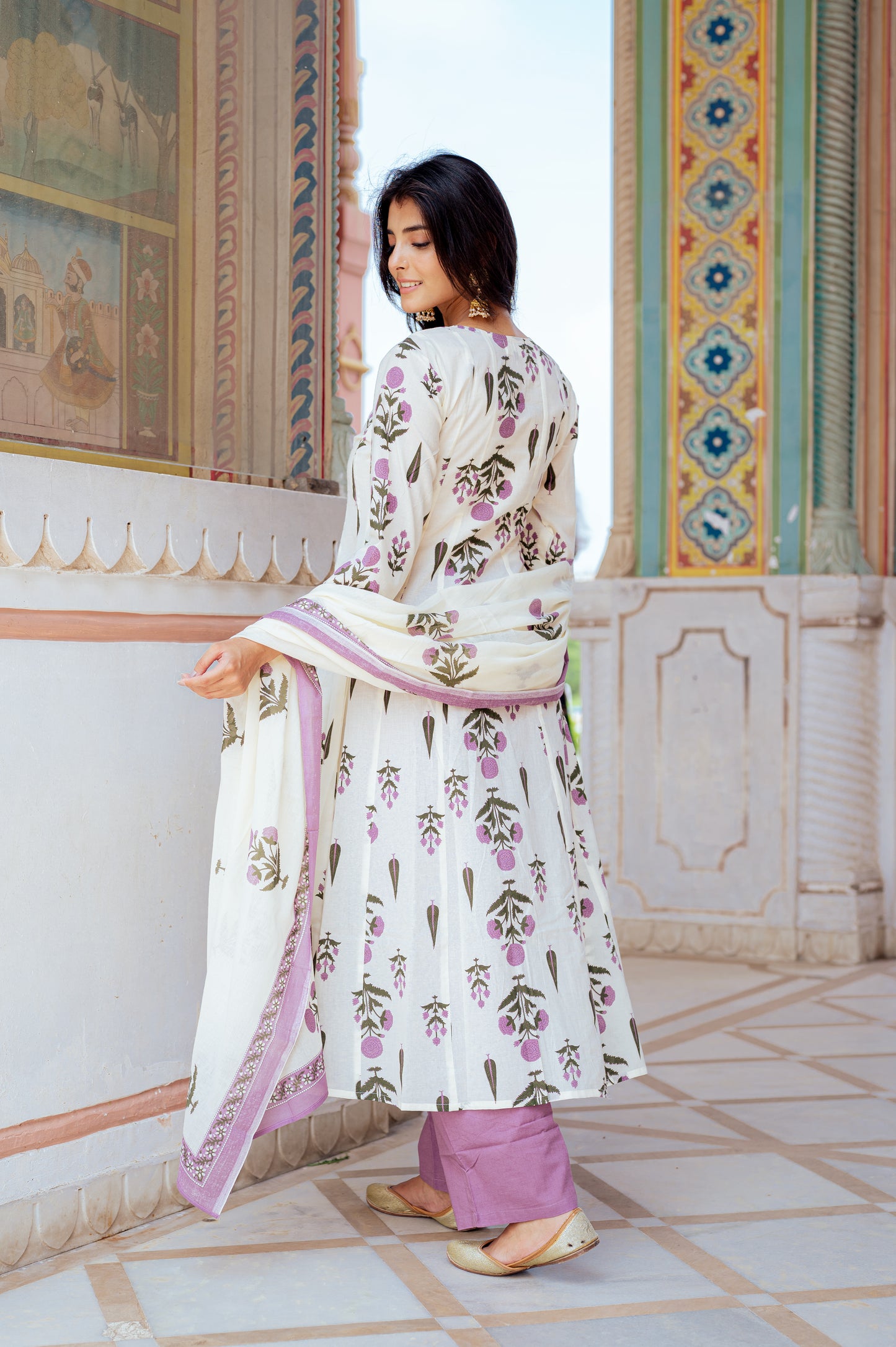 Ivory Floral Handblock Kurta Set with Lilac