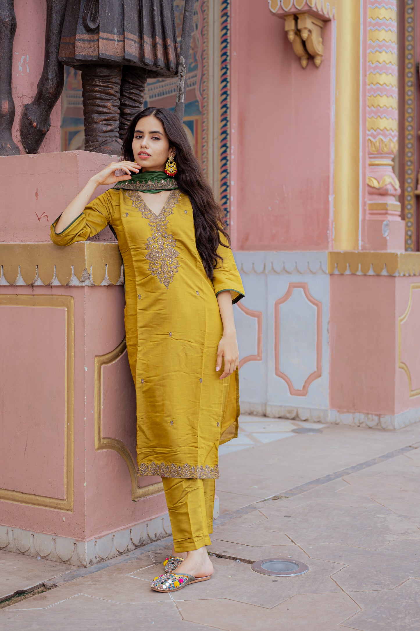 Mustard Silk Embroidered Kurta Set with Green Dupatta