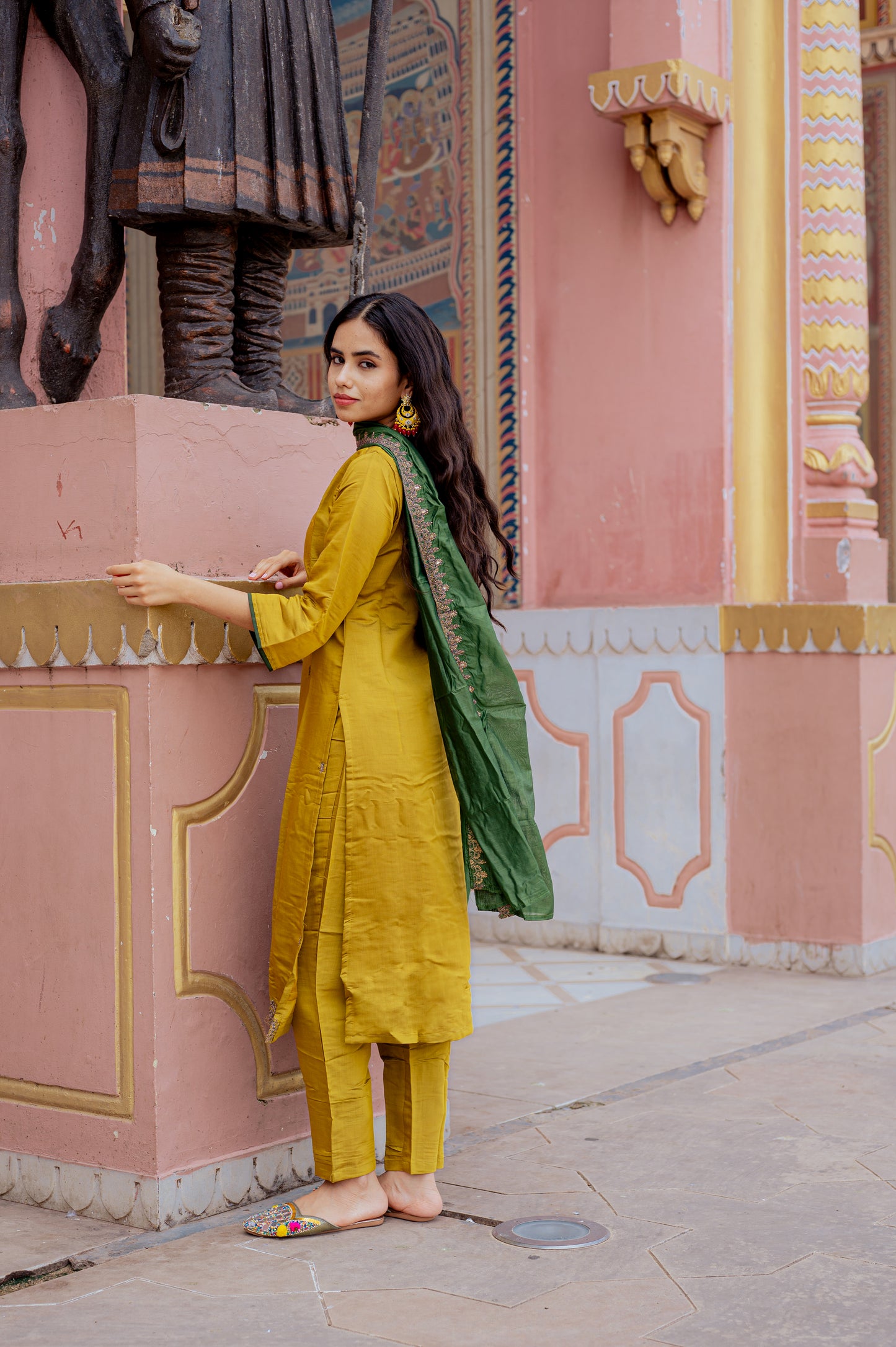 Mustard Silk Embroidered Kurta Set with Green Dupatta