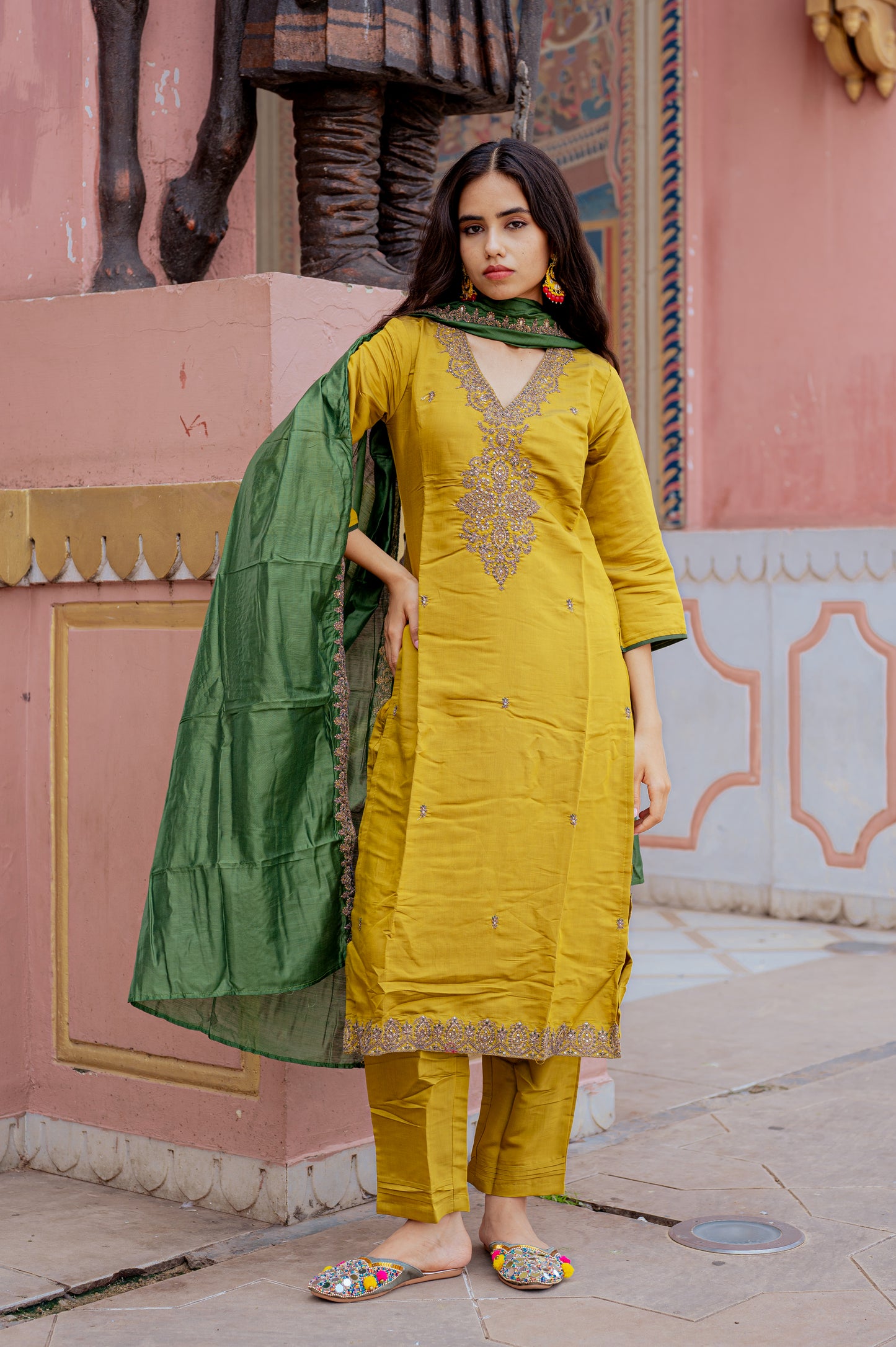 Mustard Silk Embroidered Kurta Set with Green Dupatta