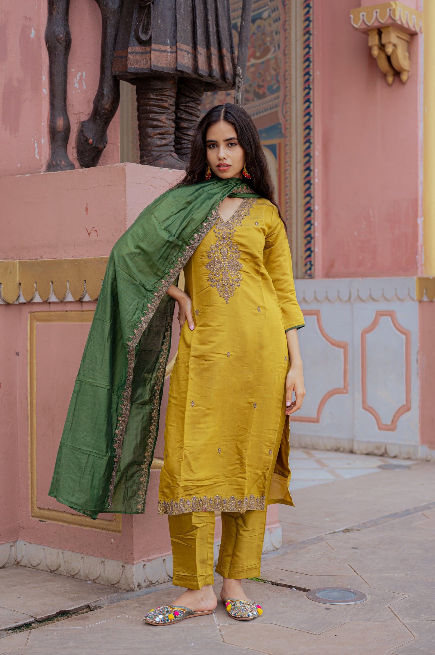 Mustard Silk Embroidered Kurta Set with Green Dupatta