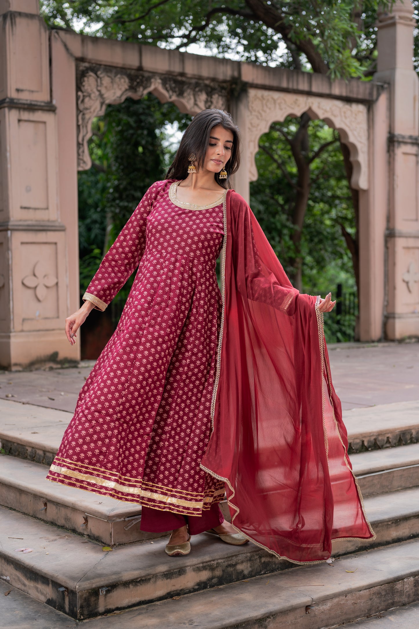 Maroon Block Printed Anarkali Suit Set