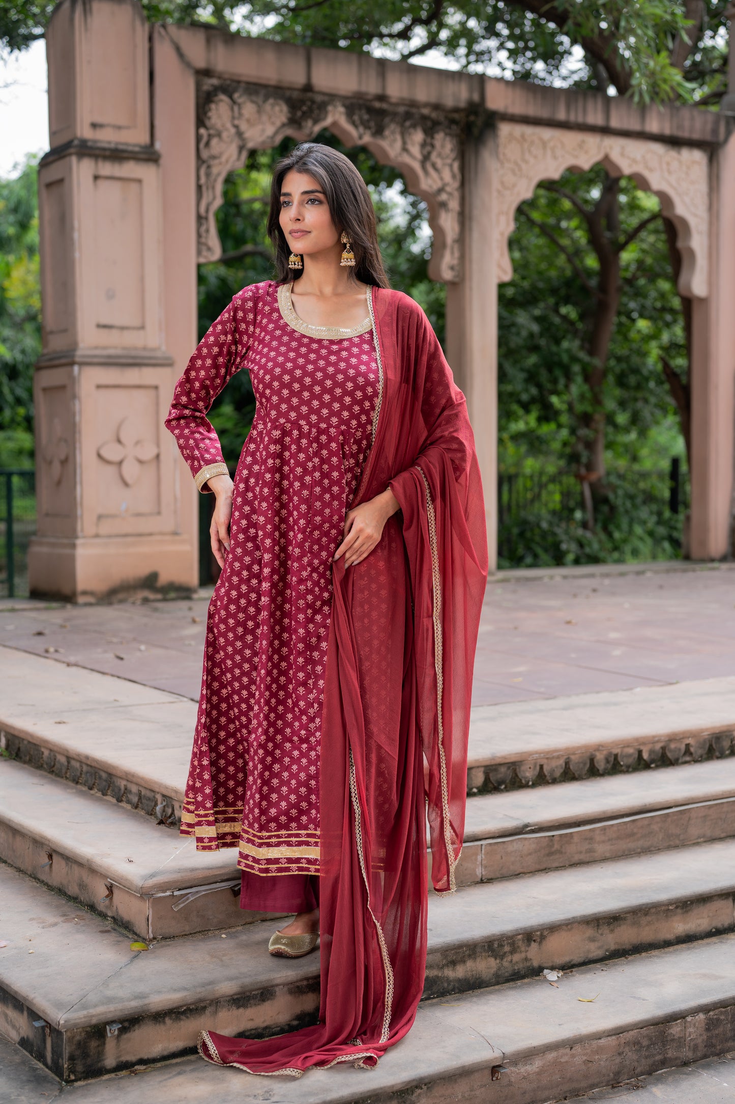 Maroon Block Printed Anarkali Suit Set