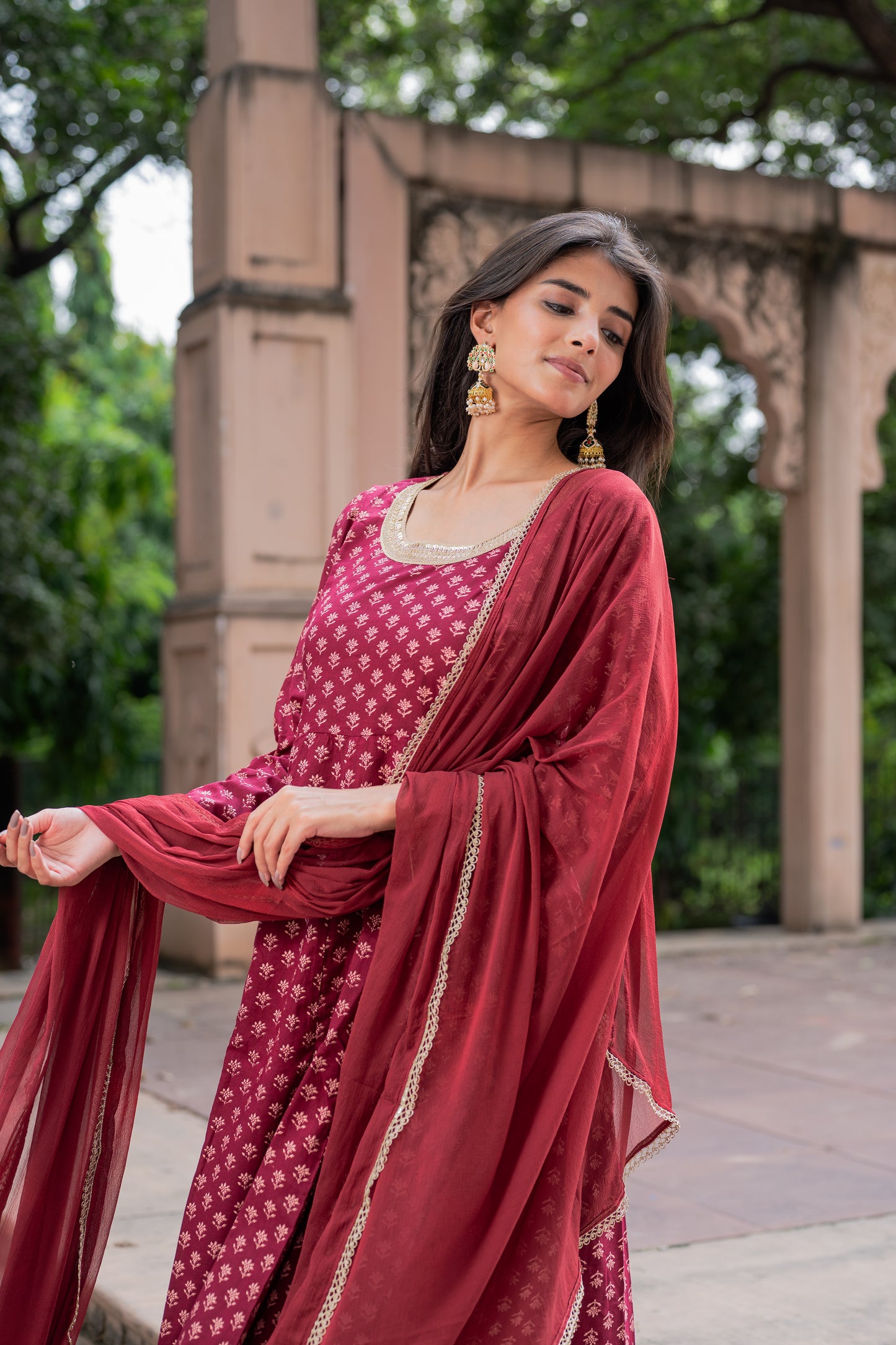 Maroon Block Printed Anarkali Suit Set