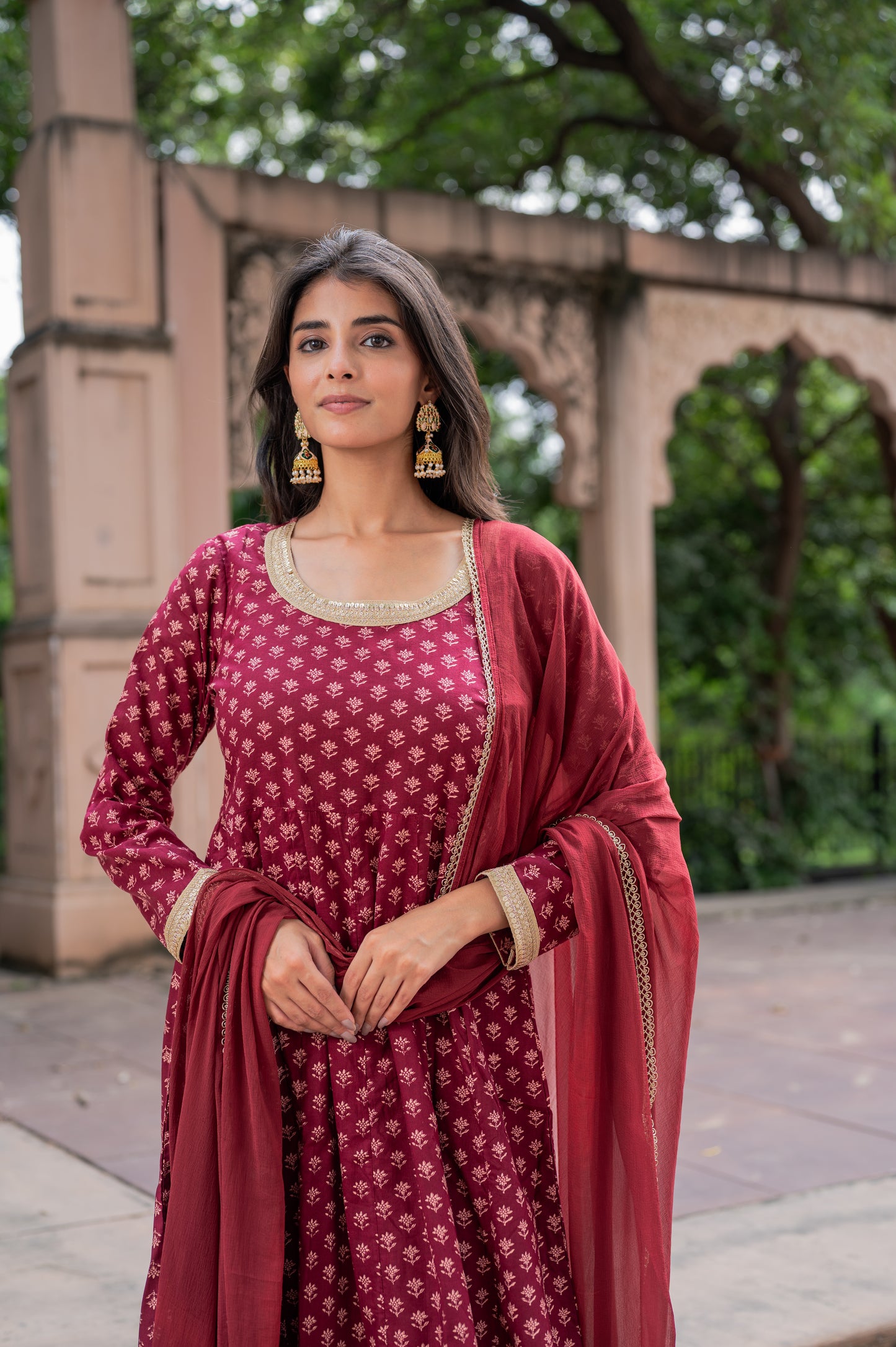 Maroon Block Printed Anarkali Suit Set