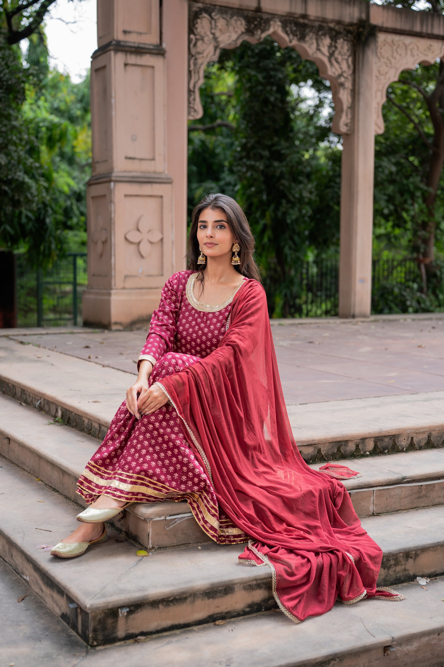 Maroon Block Printed Anarkali Suit Set