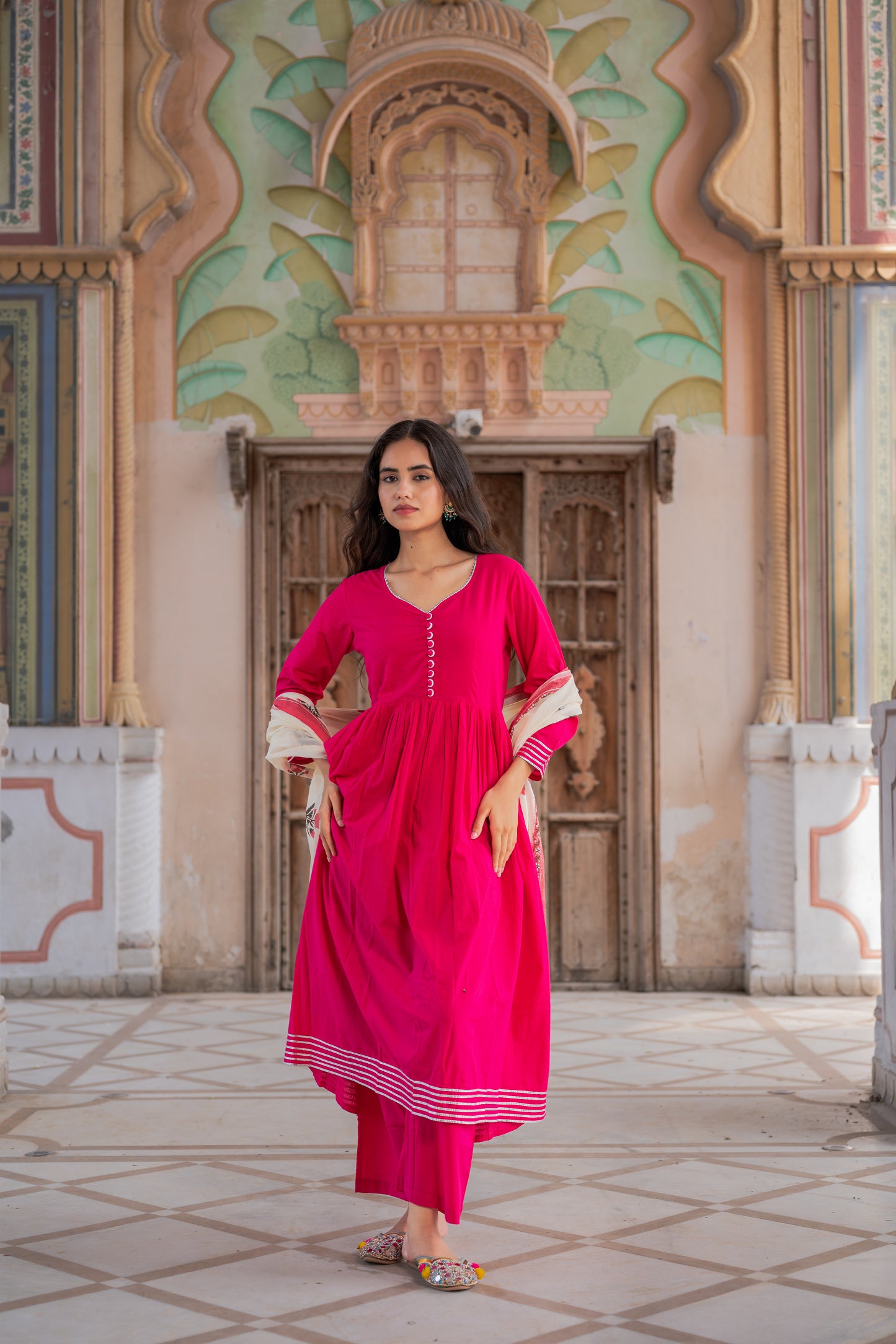 Fuchsia Pink Kurta Set With Mughal Block Print Dupatta Set