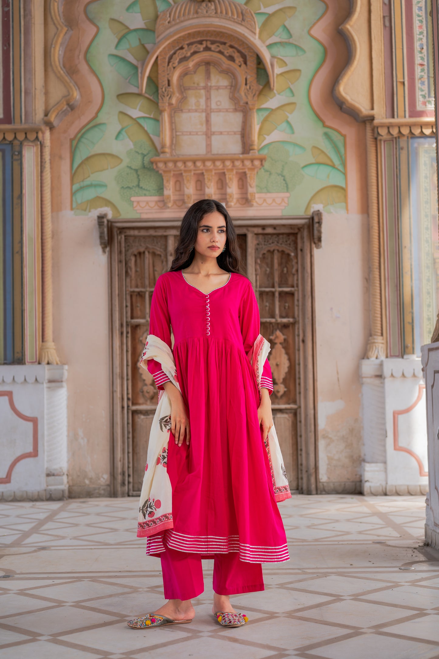 Fuchsia Pink Kurta Set With Mughal Block Print Dupatta Set