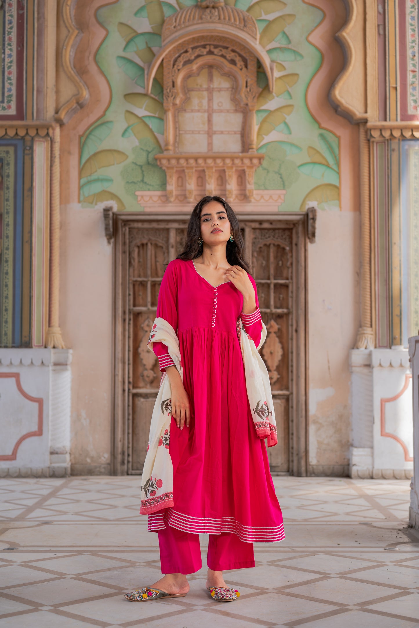 Fuchsia Pink Kurta Set With Mughal Block Print Dupatta Set