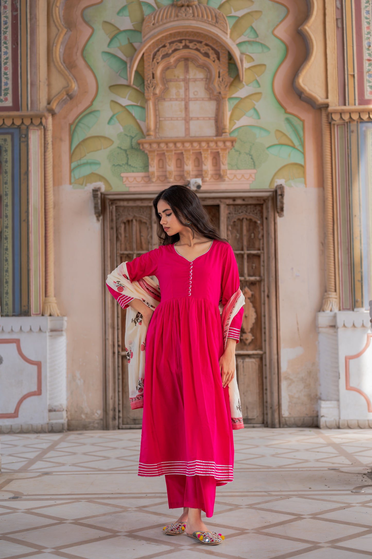 Fuchsia Pink Kurta Set With Mughal Block Print Dupatta Set