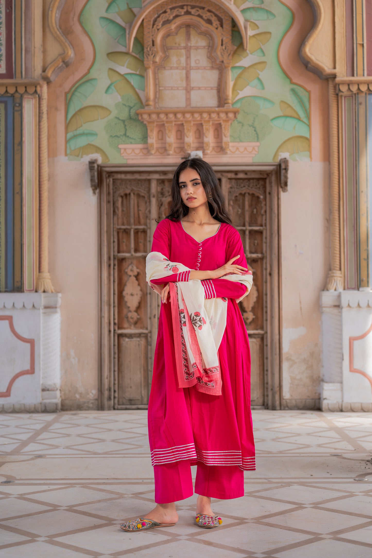 Fuchsia Pink Kurta Set With Mughal Block Print Dupatta Set