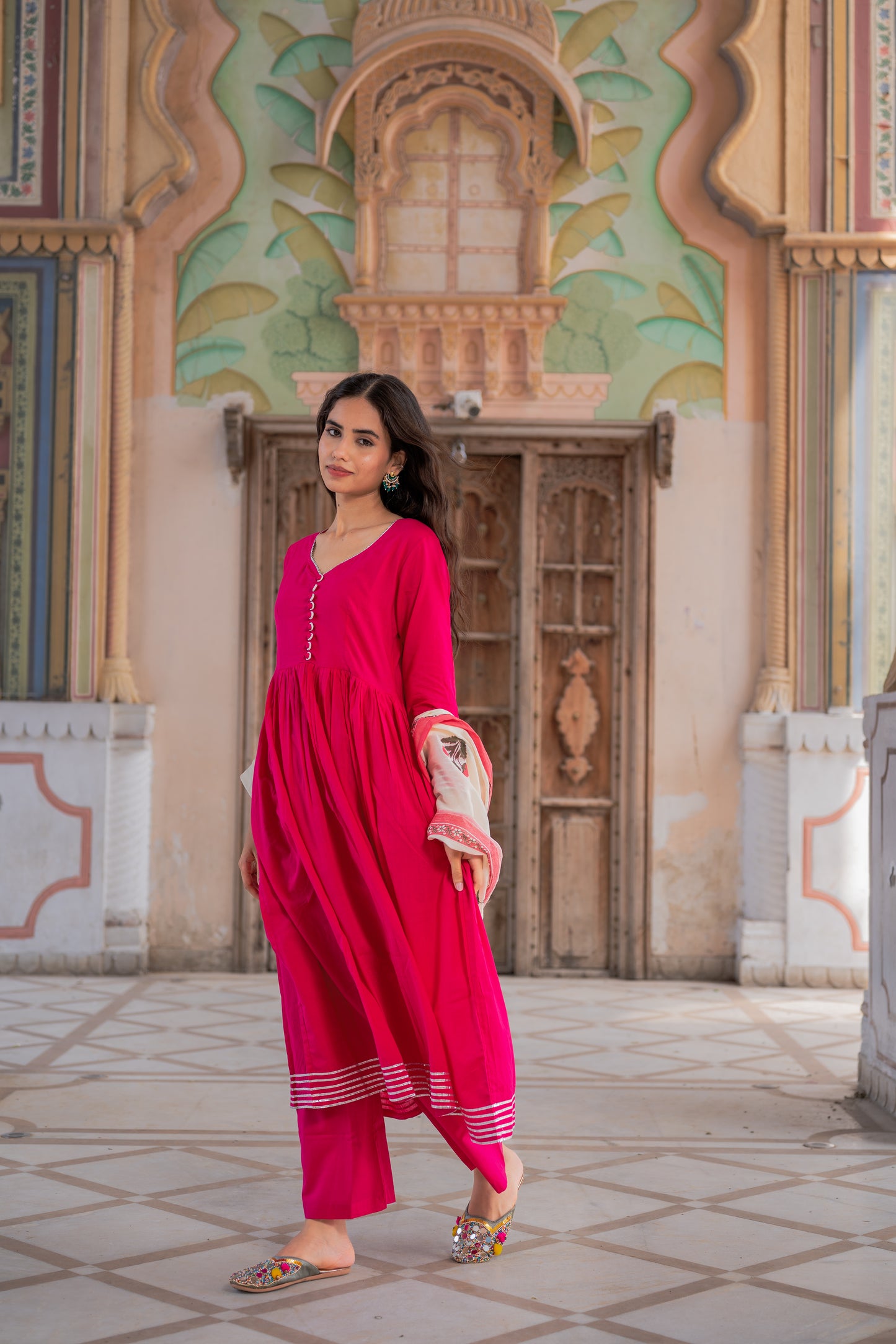 Fuchsia Pink Kurta Set With Mughal Block Print Dupatta Set