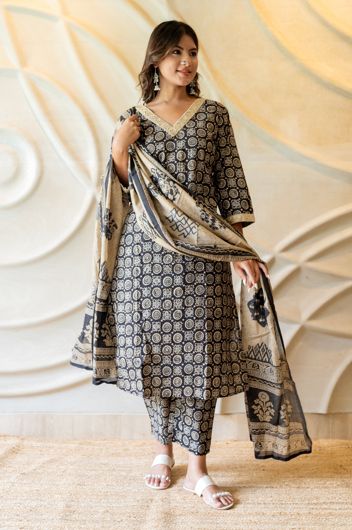 Black Block Printed Suit set ( Set Of 3 )