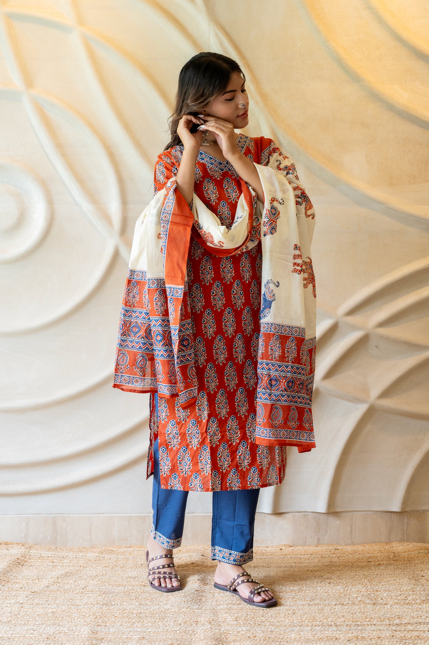 Red Blue Block Printed Suit Set