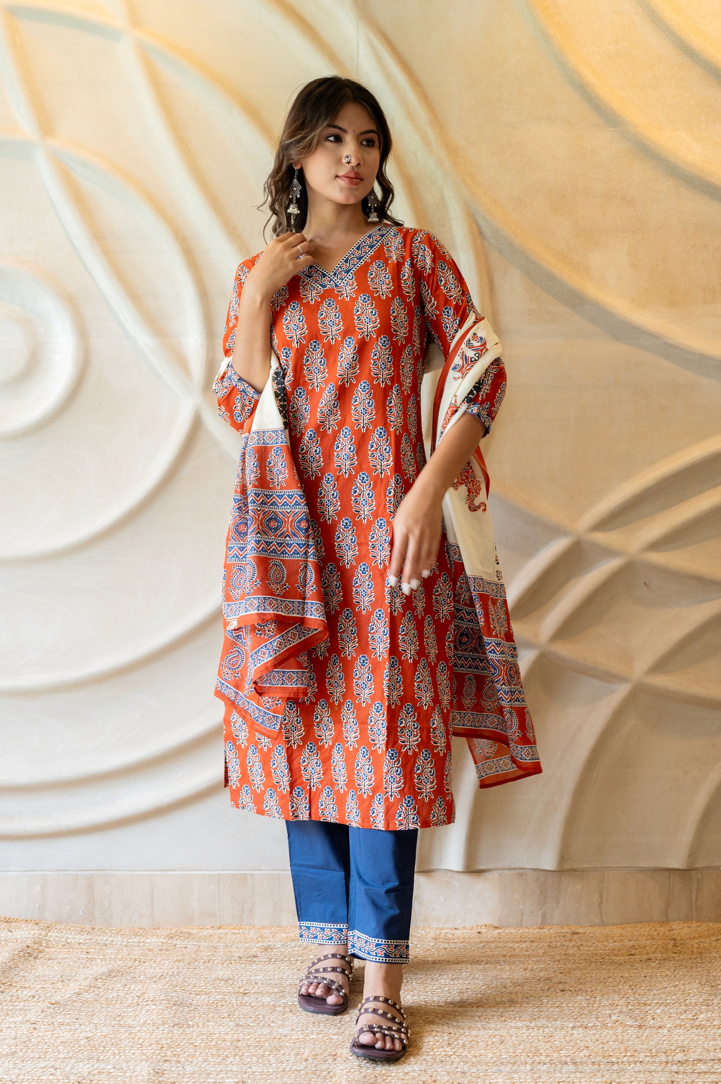 Red Blue Block Printed Suit Set