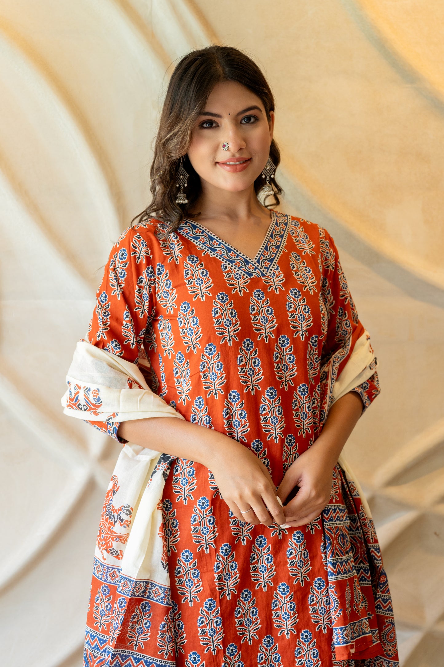Red Blue Block Printed Suit Set