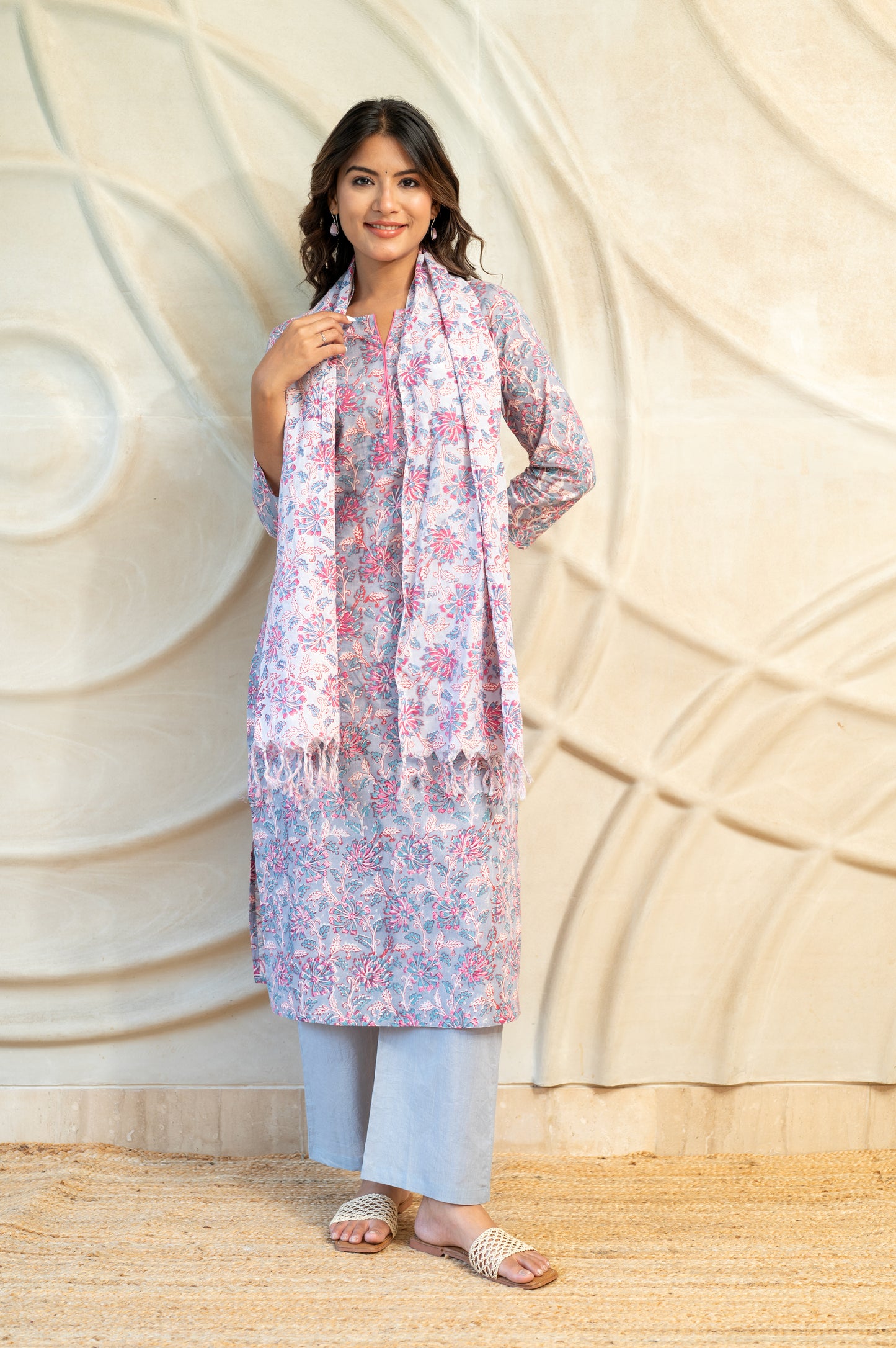 Purple Block Printed Suit Set with Scarf ( Set of 3 )