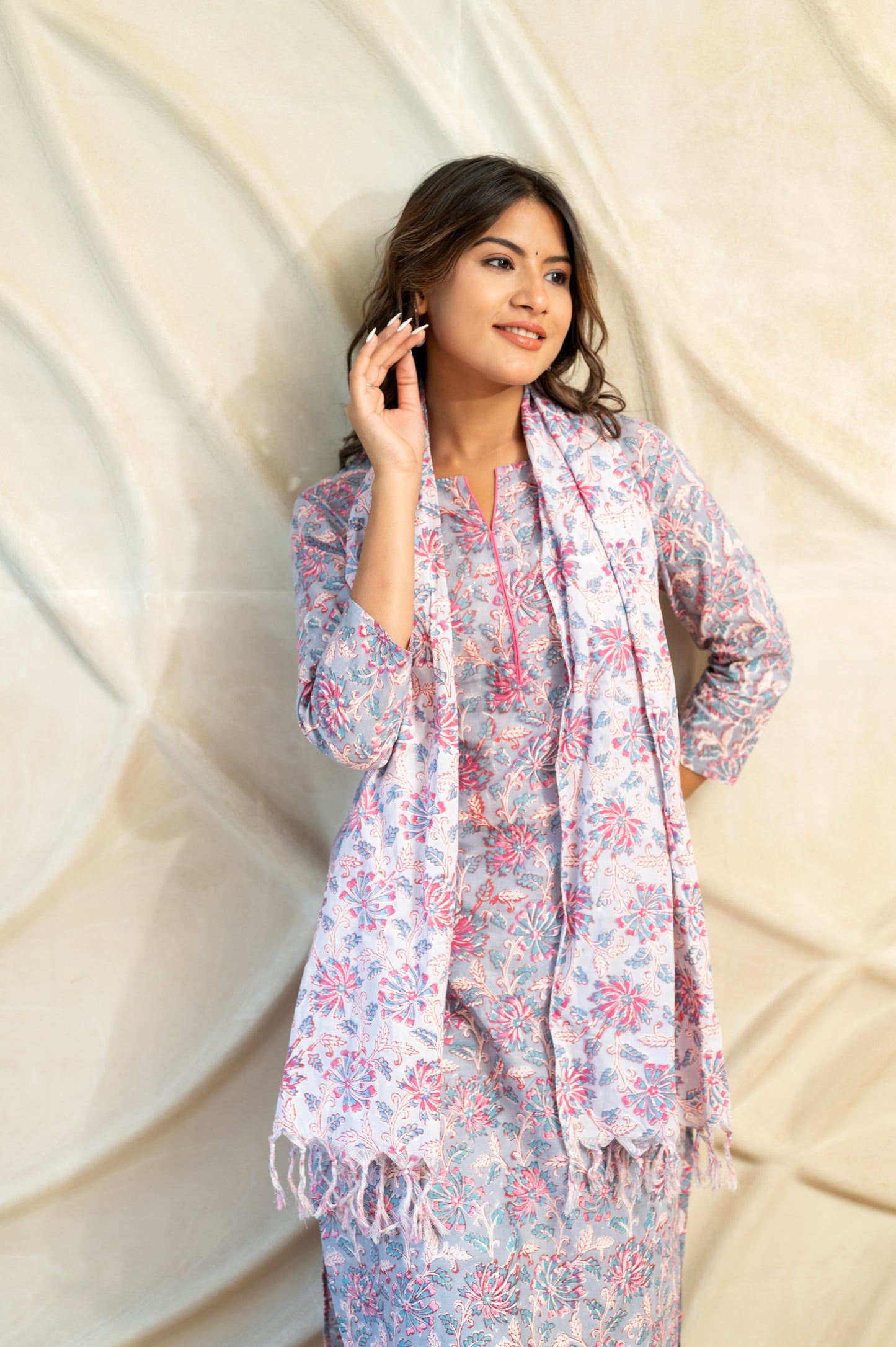 Purple Block Printed Suit Set with Scarf ( Set of 3 )