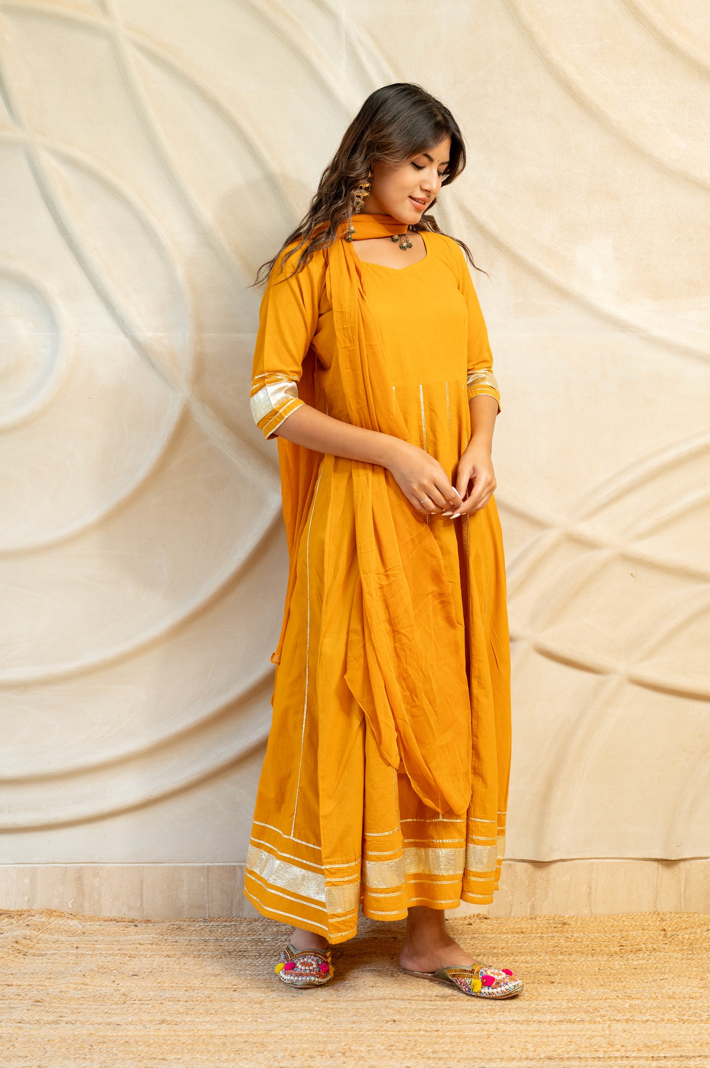 Mustard Yellow Detailed back Kurti With Dupatta ( Set of 2 )