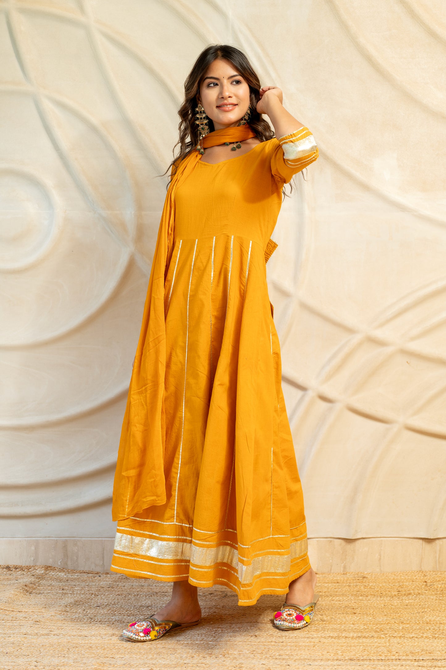 Mustard Yellow Detailed back Kurti With Dupatta ( Set of 2 )
