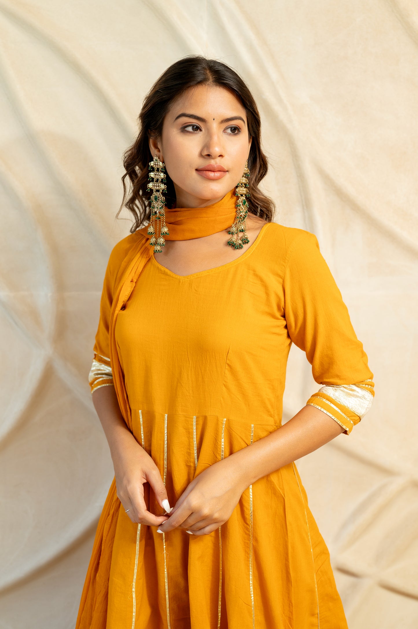 Mustard Yellow Detailed back Kurti With Dupatta ( Set of 2 )