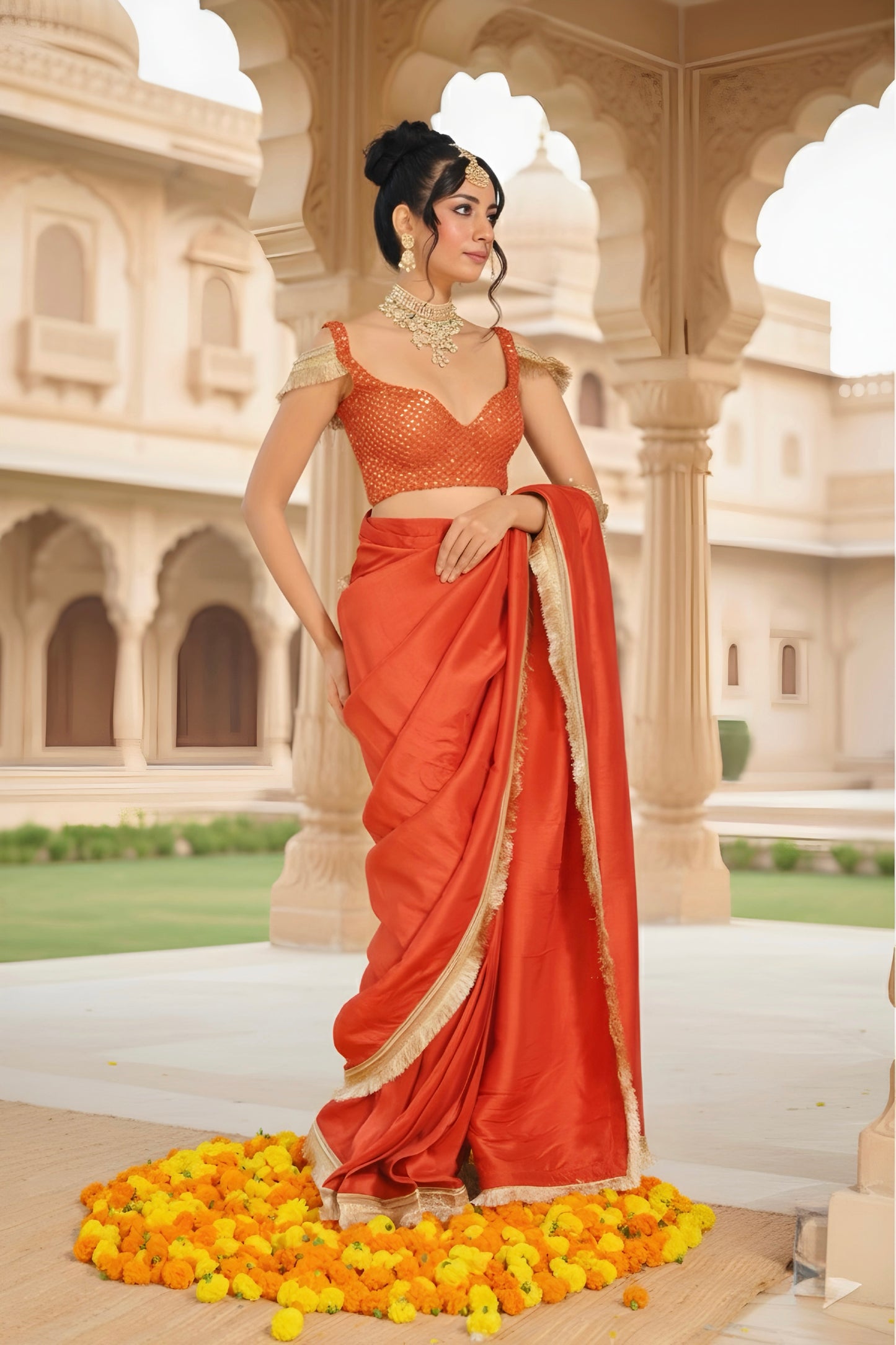 Ruhani Rust Orange Raw Silk Stitched Saree