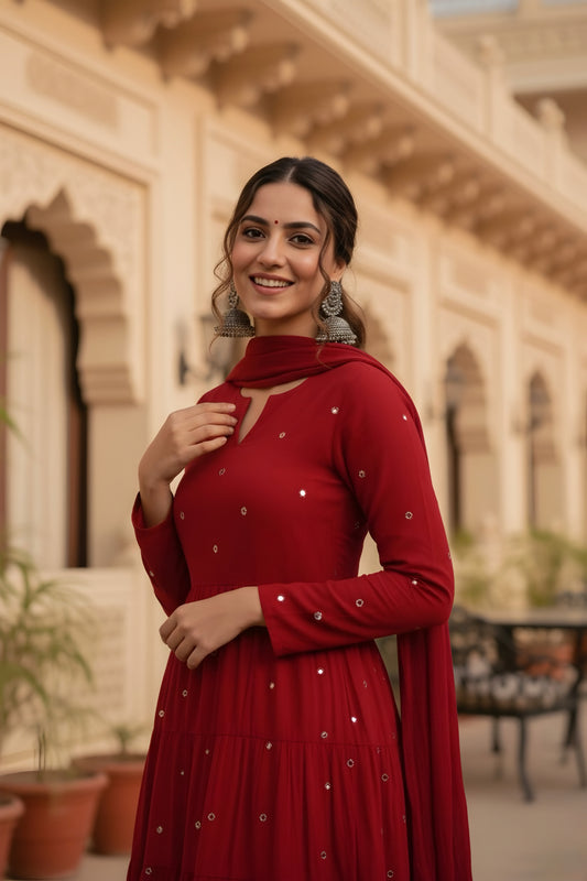 Apple Berry Red Mirror Work Suit Set