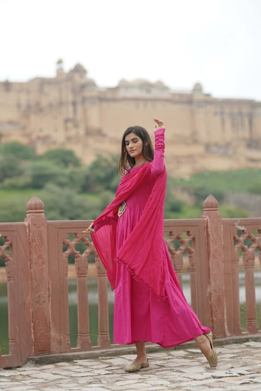Gulabi nagri  Pink Ankarkali Suit Set With Churidar Sleeves