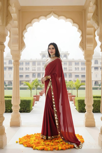 Cherry Red Stitched Saree with Mirror Detailing