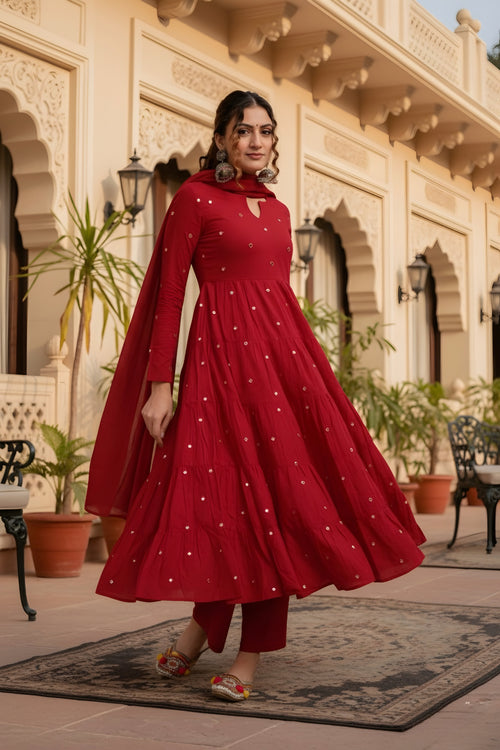 Apple Berry Red Mirror Work Suit Set