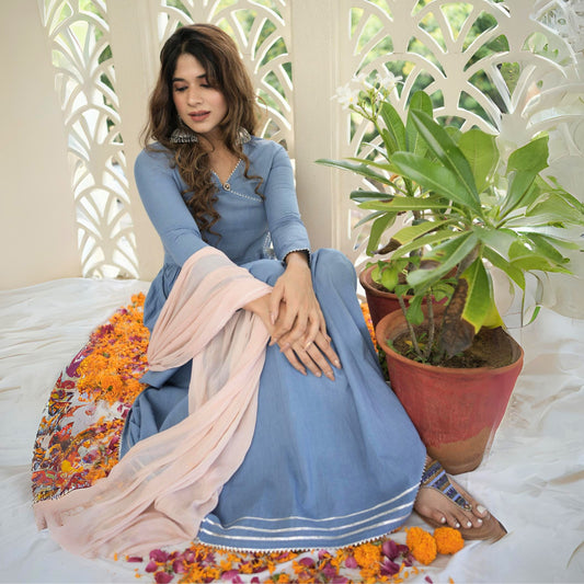 Blue Suit Set With Tassel Detailing And Powder Pink Dupatta