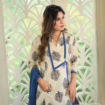 Ivory And Sapphire Blue Printed Suit Set With Tassels