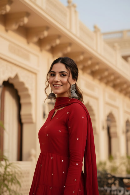Apple Berry Red Mirror Work Suit Set