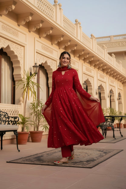 Apple Berry Red Mirror Work Suit Set