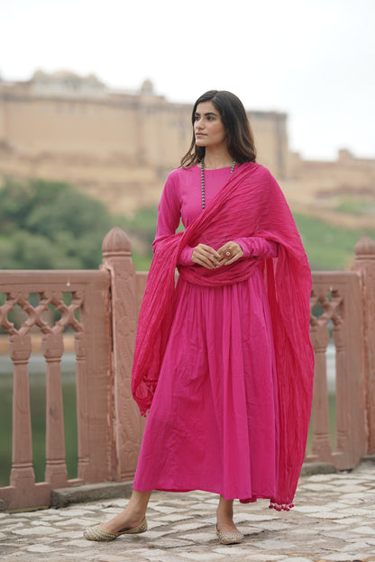Anarkali Suit Set in Rani Pink (Set of 3 )