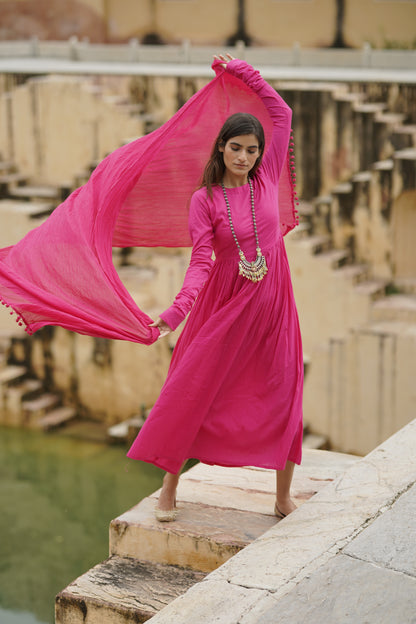 Anarkali Suit Set in Rani Pink (Set of 3 )