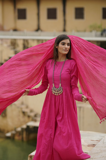 Anarkali Suit Set in Rani Pink (Set of 3 )